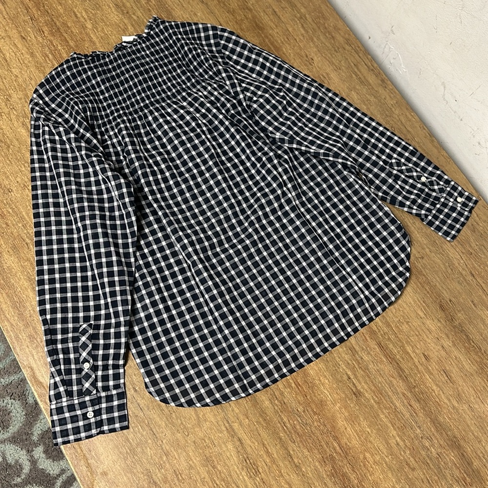 J Crew nwt 100% cotton navy blue white plaid button ruffle blouse top - Picture 6 of 6